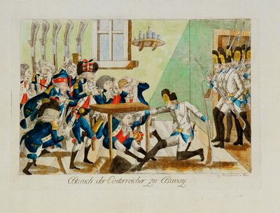 Oostenrijkse soldaten verrassen een Frans detachement in zijn kwartieren bij Bavai ... (gravure) door Johann Hieronymus Loeschenkohl