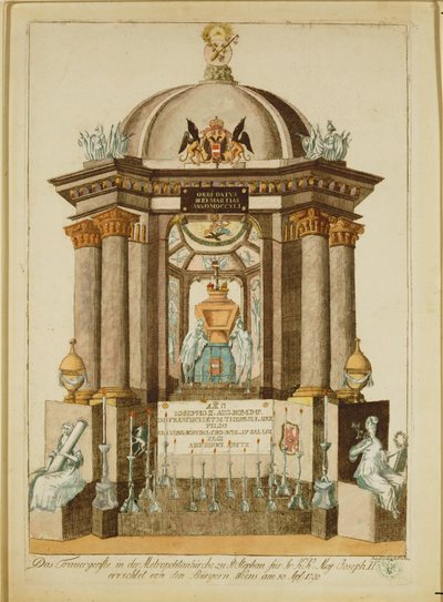 Grafmonument (Castrum Doloris) opgericht door de burgers van Wenen voor de requiemmis voor de keizer (gravure) door Johann Hieronymus Loeschenkohl