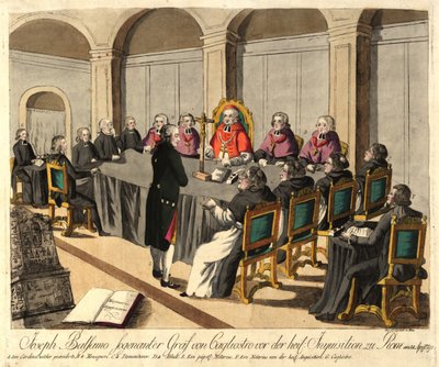 Joseph Balsamo, graaf van Cagliostro, voor de Inquisitie in Rome op 14 april 1791 door Johann Hieronymus Loeschenkohl