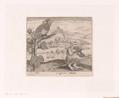 Serie prenten met bloemen en dieren in een landschap door Johann Hogenberg