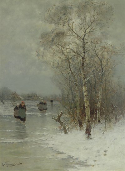 Meisjes Wandelen op een Bevroren Rivier door Johann II Jungblut