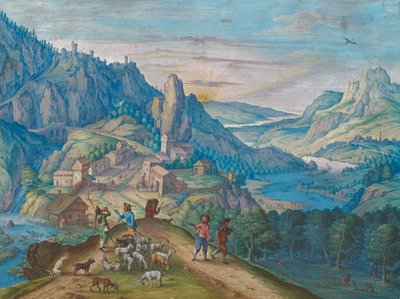 Berglandschap bij zonsondergang met rivierdal en figuren, 1640 door Johann Jacob Besserer
