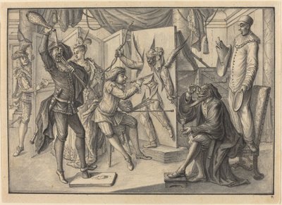 Mezzetin "Schildert" een Portret van Cupido door het Canvas te Snijden om Harlekijn te Onthullen door Johann Jacob Schubler