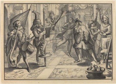 Mezzetin en Harlekijn, vermomd als de Kapitein, verstoren het diner van Pantaloon door Johann Jacob Schubler