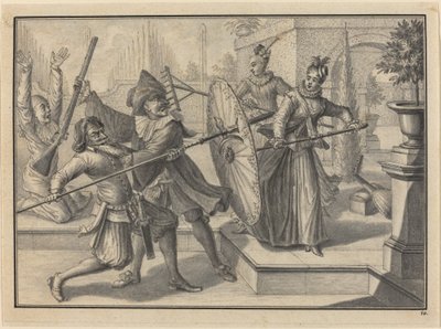 Pantaloon en de Dokter Vechten met Columbine en Brigatella in de Tuin door Johann Jacob Schubler