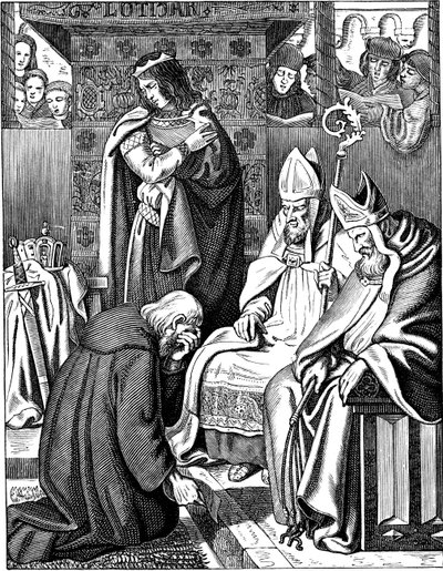 Lodewijk de Vrome doet boete in Attigny in 822 Illustratie uit de Geschichte des deutschen Volkes door E. Duller, 1840 door Johann Jakob Kirchhoff