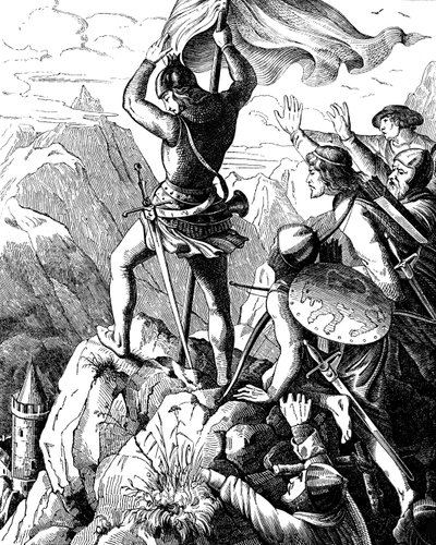 Otto I van Beieren voorkomt een nederlaag van de keizer bij Verona Illustratie uit de Geschichte des deutschen Volkes door E. Duller door Johann Jakob Kirchhoff