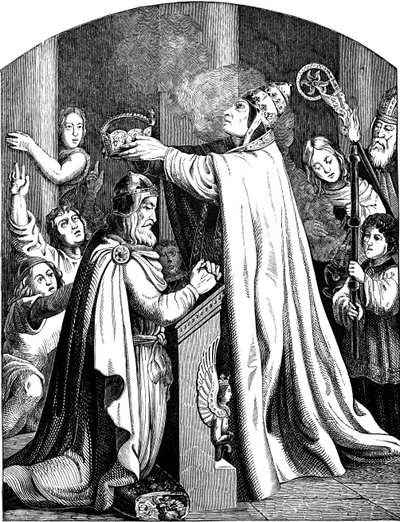 De kroning van keizer Karel de Grote door paus Leo III Illustratie uit de Geschichte des deutschen Volkes door E. Duller, 1840 door Johann Jakob Kirchhoff