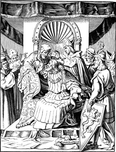 De abdicatie van keizer Hendrik IV in Ingelheim Illustratie uit de Geschichte des deutschen Volkes door E. Duller, 1840 door Johann Jakob Kirchhoff