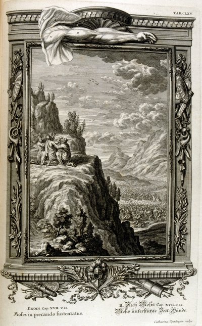 Aäron en Hur ondersteunen de hand van Mozes op de Sinaï, toen de Israëlieten naar de Sinaï vluchtten, Exodus uit Egypte door Johann Jakob Scheuchzer