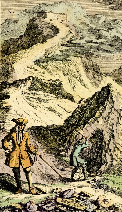 Paleontologie: De Zwitserse natuuronderzoeker Johann Jakob Scheuchzer (1672-1733) ontdekte in de Zwitserse bergen de sporen van de universele zondvloed dankzij fossielen. Gravure uit 