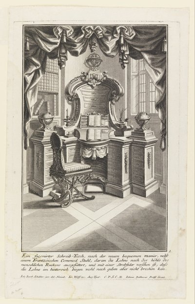 Een gevormde Schrijftafel,... (Schrijftafel en Stoel) door Johann Jakob Schübler