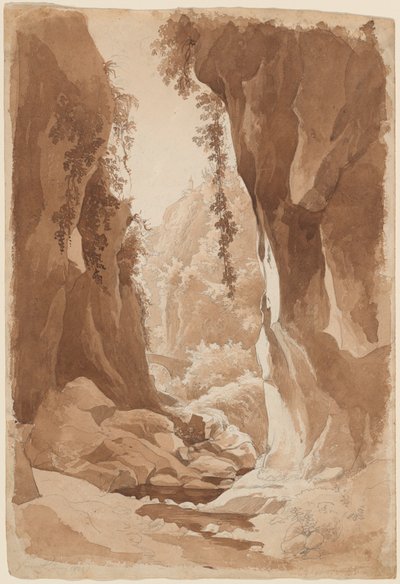 Kliffen die over een rivierkloof bij Sorrento hangen (recto) door Johann Joachim Faber