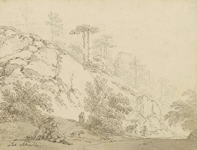 Boeren rustend in rotsachtig terrein, op de achtergrond een kasteel door Johann Josef Schindler