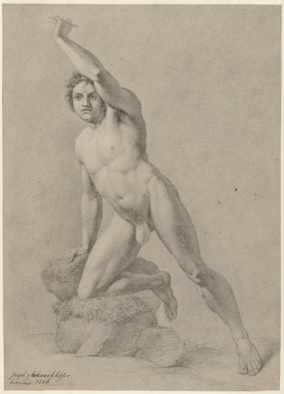 Mannelijk naakt, knielend op één knie door Johann Joseph Schwachhofer