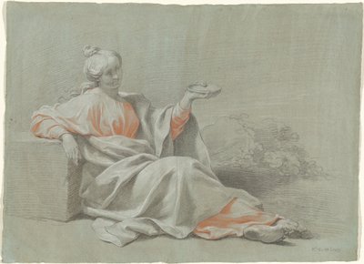 Jonge vrouw met een kom, zittend buiten door Johann Justin Preissler
