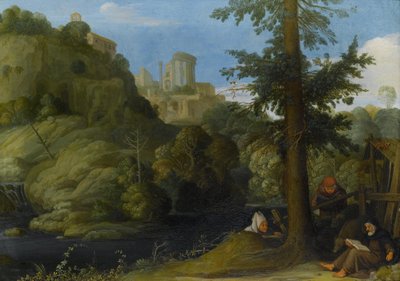 Een kluizenaar met twee reizigers in een bosrijk landschap door Johann König