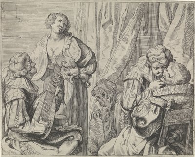 Jonge liefdesparen en een dwaas in een interieur door Johann Liss