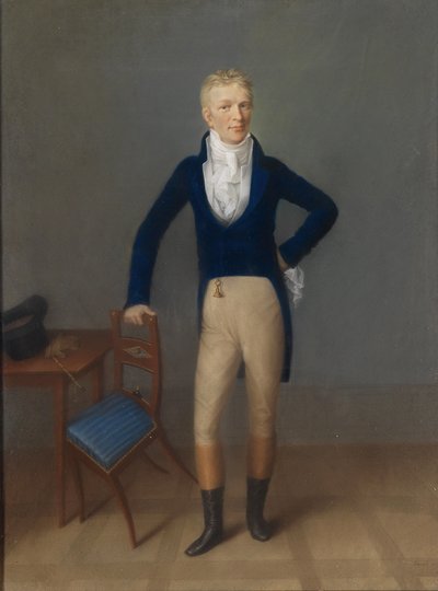 Portret van een blonde heer in volledig figuur in rijtuigkostuum, leunend op een stoel door Johann Lorenz Kreul