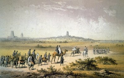 Heinrich Barth nadert Timbuktu, ca. 1860 (lithografie) door Johann Martin (after) Bernatz