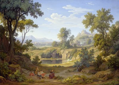 Italiaans landschap met een pelgrim en boeren, 1829 door Johann Martin von Rohden