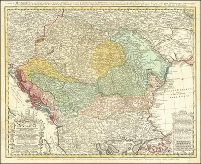 Kaart uit 1744 van het Balkanschiereiland met het Koninkrijk Hongarije als middelpunt door Johann Matthias Hase door Johann Matthias Hase