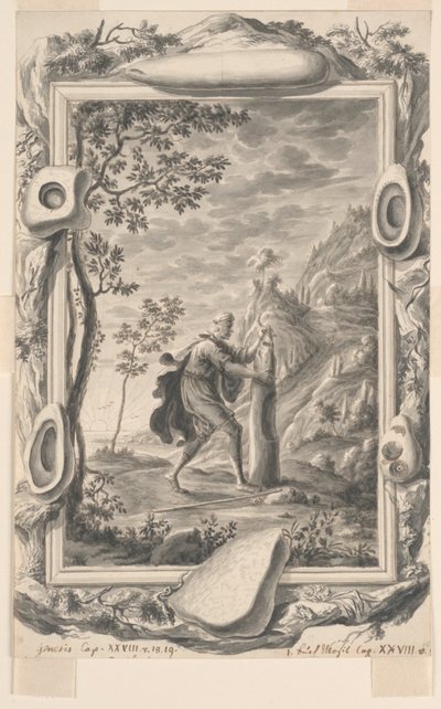 Studie voor Jakob giet olie op de steen in Bethel, Plaat 87, Physica Sacra door Johann Melchior Füssli