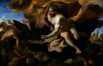 Jupiter werpt zijn bliksemschichten naar de opstandige reuzen door Johann Michael Rottmayr