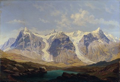 Wetterhorn, Mettenberg en Eiger met de twee daartussen gelegen Grindelwaldgletsjers door Johann Michael Sattler