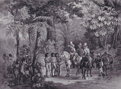 Ontmoeting van de Indianen met de Europese ontdekkingsreizigers uit 