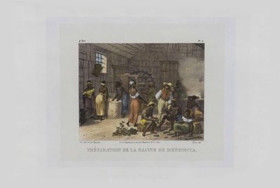 Voorbereiding van mandioca-wortels. Uit Malerische Reise in Brasilien door Johann Moritz Rugendas