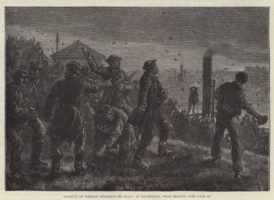 Aanval op Duitse Studenten door Slaven bij Kuchelbad, nabij Praag (gravure) door Johann Nepomuk (after) Schonberg