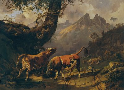 Stier die een Koe Achtervolgt, met Landschap bij Carrara op de Achtergrond door Johann Nepomuk Rauch
