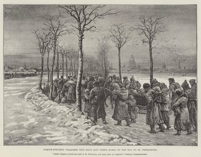 Hongersnood getroffen dorpelingen die hun huizen hebben verlaten op weg naar Sint-Petersburg door Johann Nepomuk Schonberg