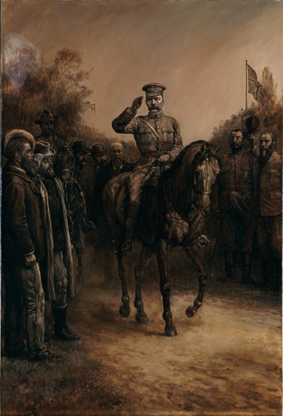 Generaal Lord Kitchener groet terwijl hij langs Boerleiders rijdt die hun hoeden afnemen, 1902 door Johann Nepomuk Schonberg