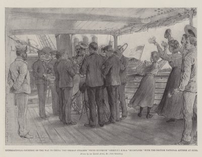 Internationale beleefdheid op weg naar China, de Duitse stoomboot Prinz Heinrich begroet HMS Highflyer met het Britse volkslied in Suez door Johann Nepomuk Schonberg