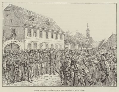 Arbeidersrellen in Hongarije, buiten het stadhuis in Bekes Csaba door Johann Nepomuk Schonberg