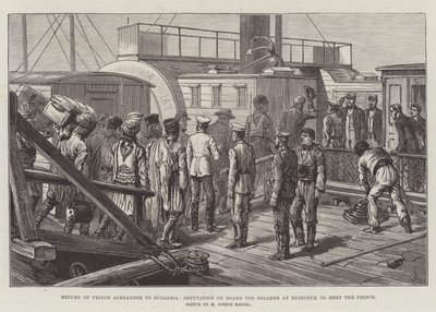 Terugkeer van prins Alexander naar Bulgarije, deputatie aan boord van de stoomboot in Rustchuk om de prins te ontmoeten door Johann Nepomuk Schonberg