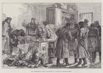 De politie van St. Petersburg ontdekt een Nihilistische drukpers door Johann Nepomuk Schonberg