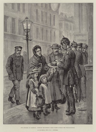De cholera in Hamburg, wezen die hun namen registreren buiten het politiebureau door Johann Nepomuk Schonberg