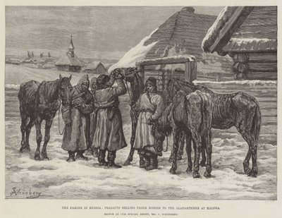 De hongersnood in Rusland, boeren verkopen hun paarden aan de slachter in Kaluga door Johann Nepomuk Schonberg
