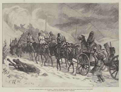 De oorlog tussen Servië en Bulgarije, Servisch artillerie die de Ploca-bergen oversteekt in een sneeuwstorm door Johann Nepomuk Schonberg