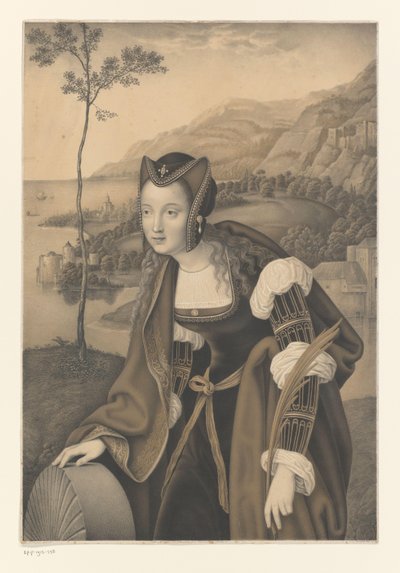 Heilige Christina met molensteen in een landschap door Johann Nepomuk Strixner