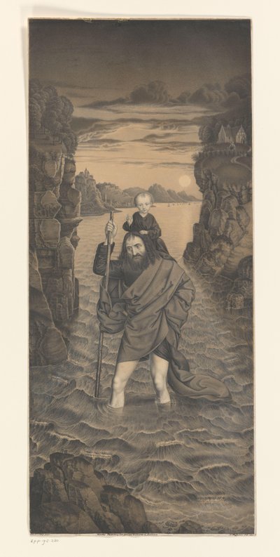 Heilige Christoffel steekt met het Christuskind op zijn schouders een rivier over door Johann Nepomuk Strixner