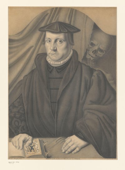 Portret van een onbekende man met skelet achter hem door Johann Nepomuk Strixner