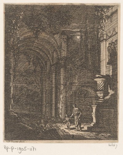 Twee figuren verlichten antieke ruïnes met een fakkel door Johann Oswald Harms