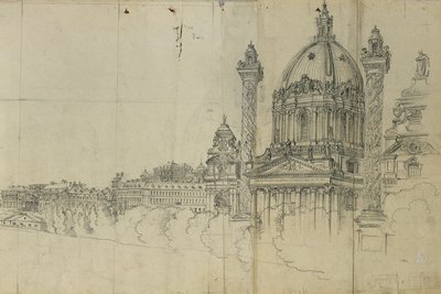 Uitzicht over de zuidelijke buitenwijken van Wenen en de Karlskirche door Johann Peter Krafft