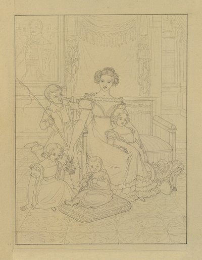 Contourtekening van een moeder met vier kinderen door Johann Peter Krafft