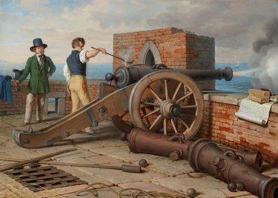 Kunstenaarsvrienden lossen een kanonschot op het fort Michele bij Ostia (Ferdinand Jagemann en Peter Krafft) door Johann Peter Krafft