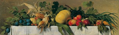 Stilleven met fruit en groenten op wit tafelkleed door Johann Peter Krafft